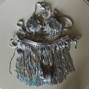 Silver Sequin Fringe Three-Piece Festival Set - Size Small